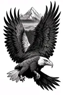 Flying eagle with spread wings with mountains and forest in background tattoo design idea