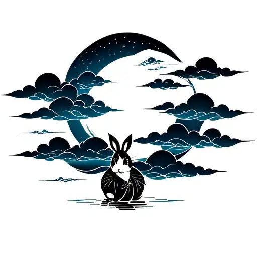 neo-traditional Japanese floating clouds, around a full moon, with a geisha rabbit in the foreground  tattoo design idea