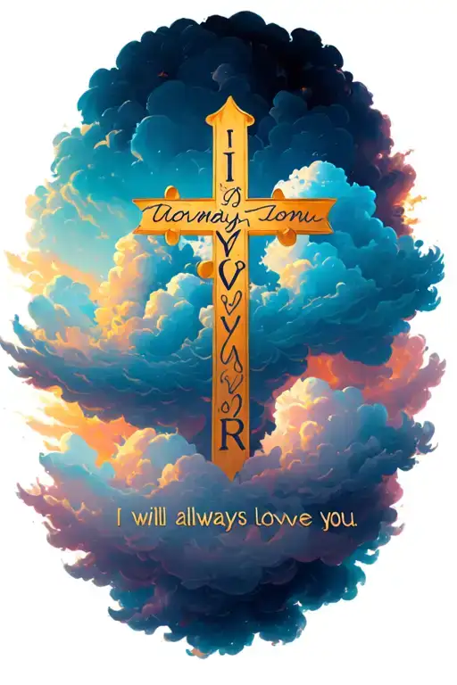 "I will always love you " clouds cross with name incorporated representing the client's love tattoo design idea