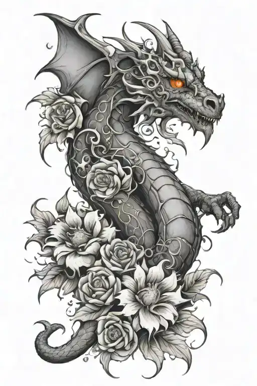  dragon and dead flowers intertwined with flames left arm sleeve tattoo design idea