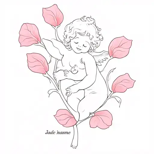 Rose petals with a happy little cherub on them and Jade's name written on them tattoo design idea
