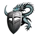 Tattoo of a blue -eyed dragon on a Vikings shield tattoo design idea