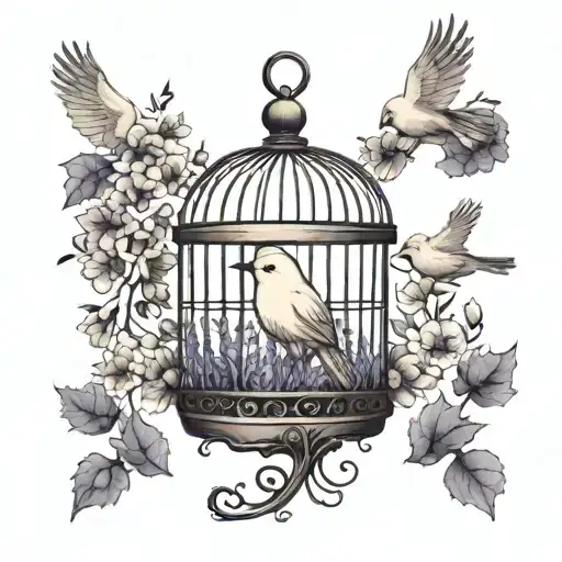 an empty birdcage with the door open, a small white bird sitting on top, lavender plants in the background tattoo design idea