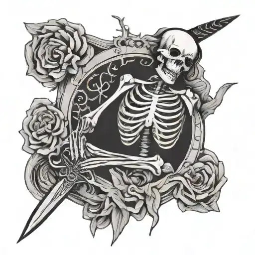 skeleton praying sword in ribs tattoo design idea
