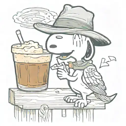 snoopy holding a pint of guinness talking to an owl wearing a cowboy hat  tattoo design idea