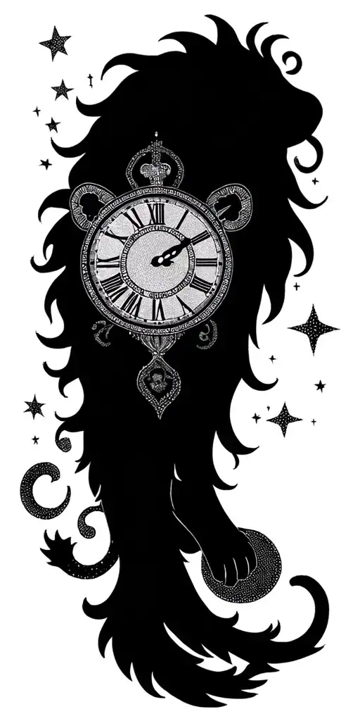 777, 333, clouds, lion, stars, clock, tattoo design idea