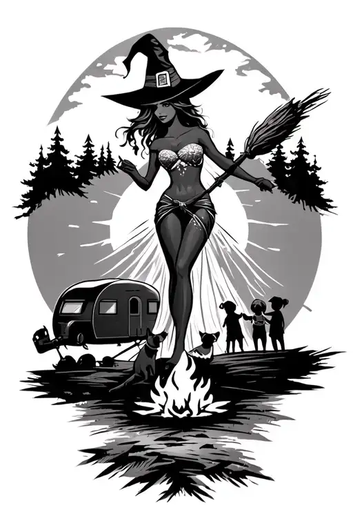 silhouette of busty sexy witch bride on broomstick over a campsite with a trailer and campfire with children & dog tattoo design idea