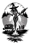 silhouette of busty sexy witch bride on broomstick over a campsite with a trailer and campfire with children & dog tattoo design idea