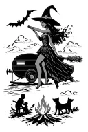silhouette of busty sexy witch bride on broomstick over a campsite with a trailer and campfire with children & dog tattoo design idea