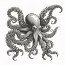 Black-and-white line art of an octopus or kraken designed as a tattoo for the buttocks, with tentacles symmetric tattoo design idea