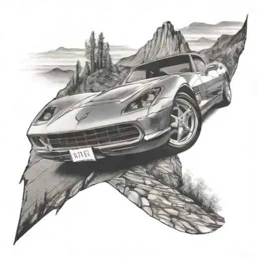 A detailed arm tattoo showcasing a sleek Chevrolet Corvette c2 winding through a scenic mountain road overlooking a shim tattoo design idea