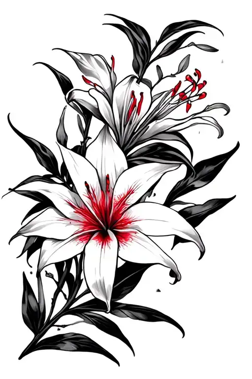 Masculine red spider lily tattoo, minimal blackwork, sharp lines, red accents, botanical branches, arm, modern male styl tattoo design idea
