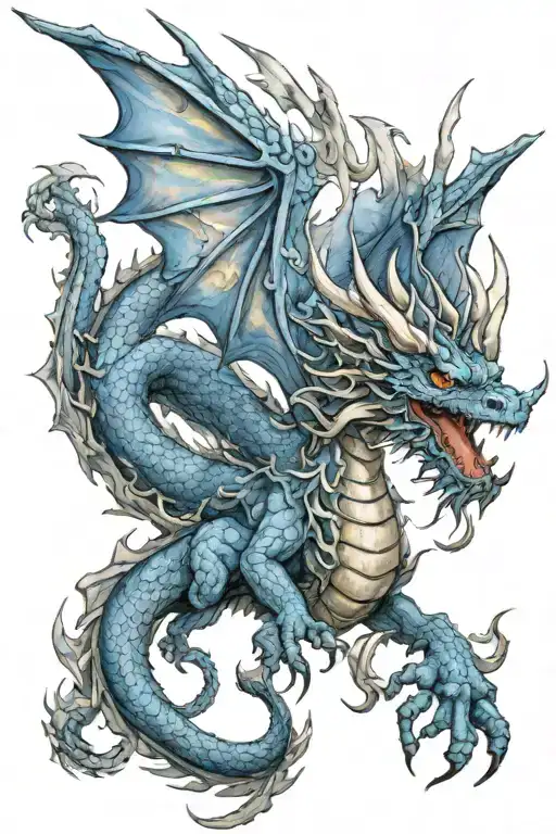 blue dragon with wings combination of watercolor and realism tattoo design idea