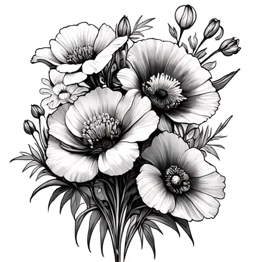marigold poppy gladiolus cosmos carnation snowdrop flowers tattoo design idea