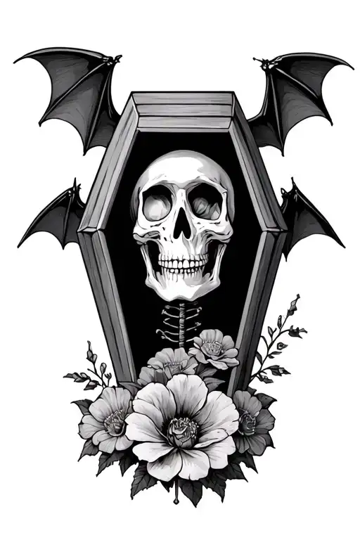 coffin skeleton flowers bat tattoo design idea
