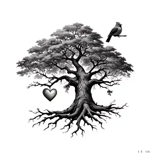 Full Arm Sleeve, big tree with roots leading to a heart at my wrist, I need a frog on a branch a cardinal on a branch an tattoo design idea