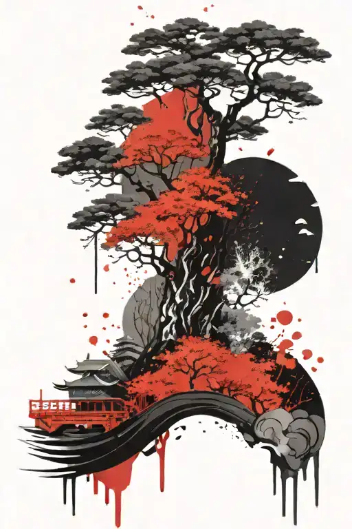Japanese style landscape with water and trees tattoo design idea