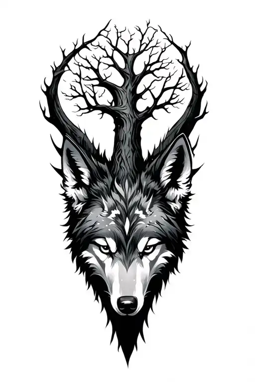 yggadra tree behind sefnir wolf face tattoo design idea