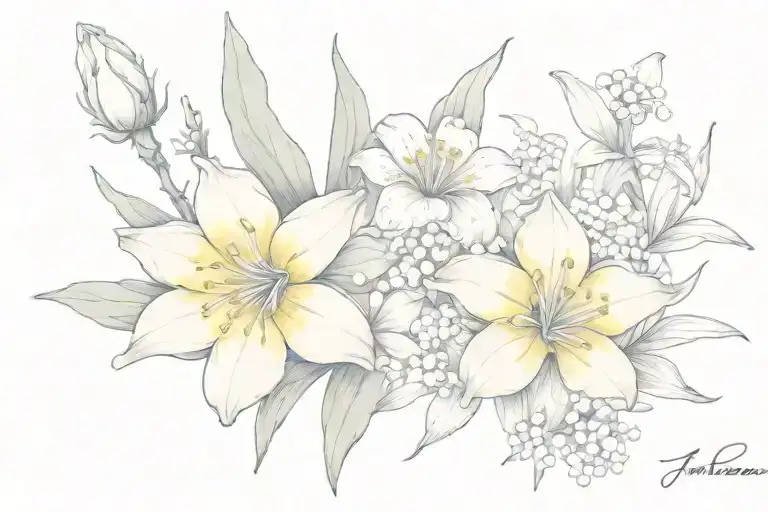Chrysanthemum, gladiolus, narcissus, lily of the valley tattoo design idea