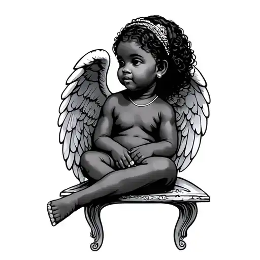 "african american " girl baby angel sitting tattoo design idea
