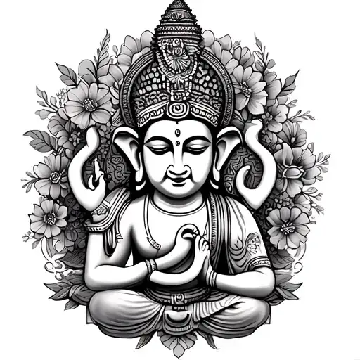 hindu ohm tattoo half sleeve with budha, murugan veil, trishoolam, and lord ganesha with florals connecting the design tattoo design idea