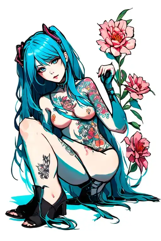 hentail, nude, bdsm, sexy front position, simple body, blue hair tattoo design idea