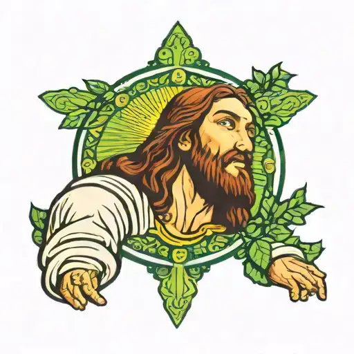 Jesus Christ laying on a rock in a green field looking up to the sky  tattoo design idea