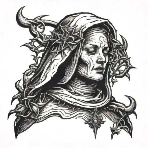 evil nun with halo of thorns above her head and neck tattoo design idea