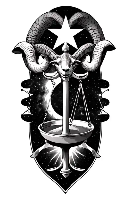 Aries Ram and Libra Scales with nebula star stacked vertically tattoo design idea