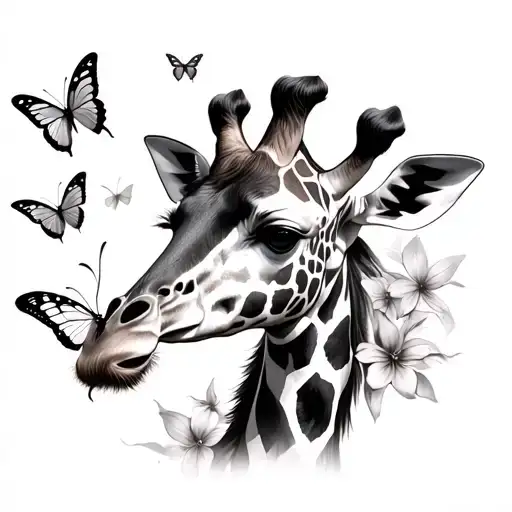 giraffe with butterflies around it with 12:08 tattoo design idea