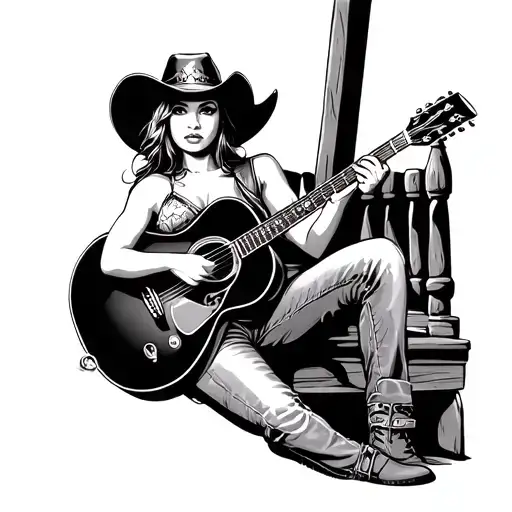 Create a unique tattoo of a sexy cowgirl wearing jeans and playing a guitar while leaning against the porch. tattoo design idea