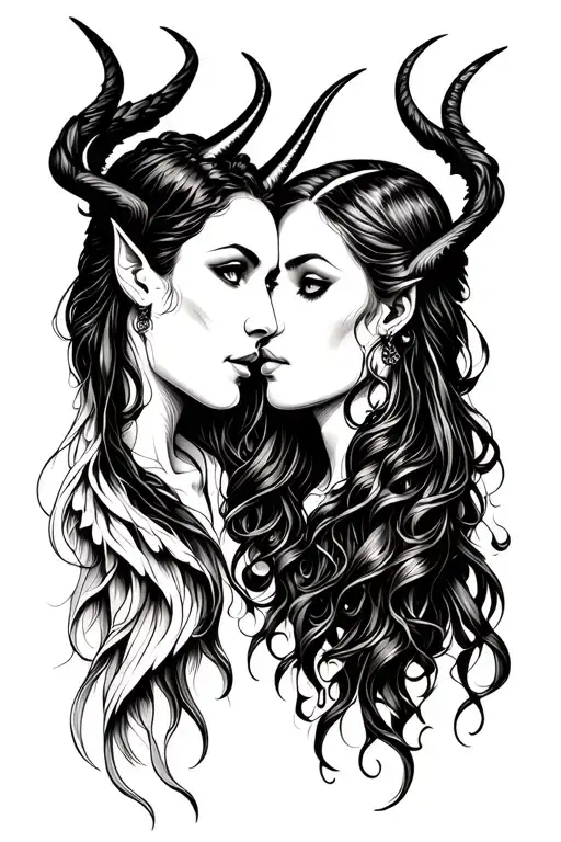 devil-angel women tattoo design tow faces each other tattoo design idea