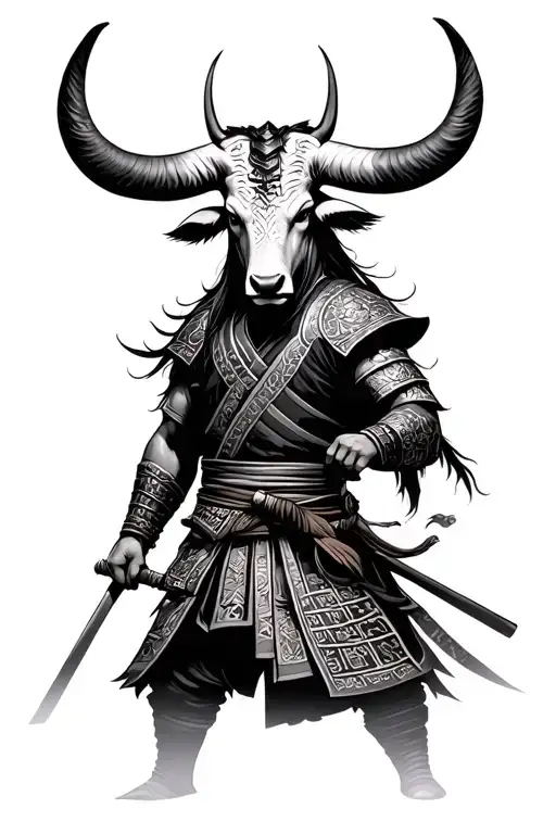 OX and Japanese samurai warrior, virgo in the middle tattoo design idea