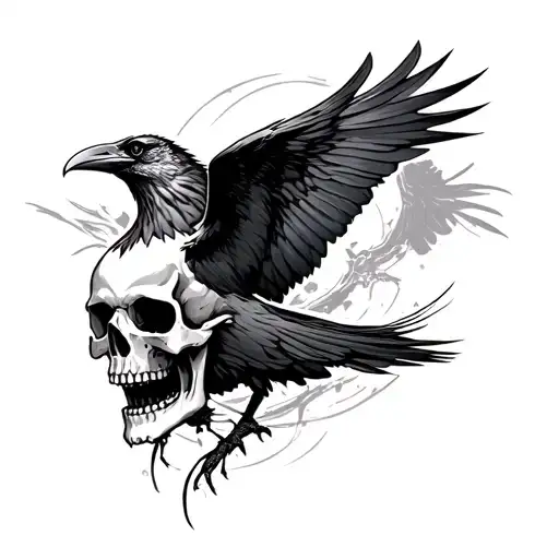 skull morphing into a flying raven tattoo design idea