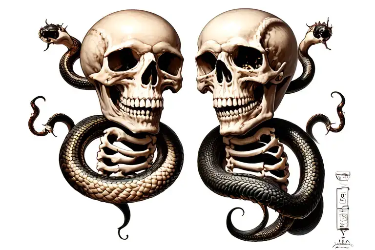 A realistic tattoo design featuring stacked skulls surrounded by a serpent coiling through visible rib bones. tattoo design idea