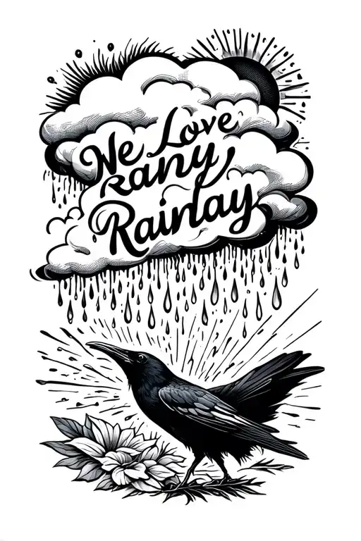 "We love rainy days" raven with a rain cloud and a sun shining  tattoo design idea