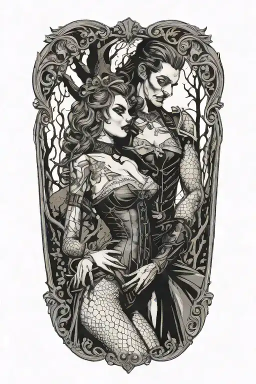 Gothic realistic pinup girl in corset and fishnet leggings being bitten in the neck by a vampire in the woods tattoo design idea