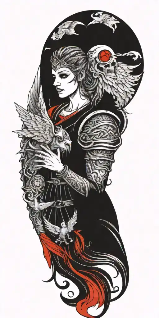 Craft a tattoo design of a Valkyrie with blood red wings, embodying the client's passion for both Viking mythology and vampire aesthetics tattoo design idea