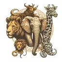 Create a tattoo with a giraffe, elephant, bear, and lion all grouped together tattoo design idea