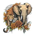 Create a tattoo with a giraffe, elephant, bear, and lion all grouped together tattoo design idea