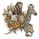 Create a tattoo with a giraffe, elephant, bear, and lion all grouped together tattoo design idea