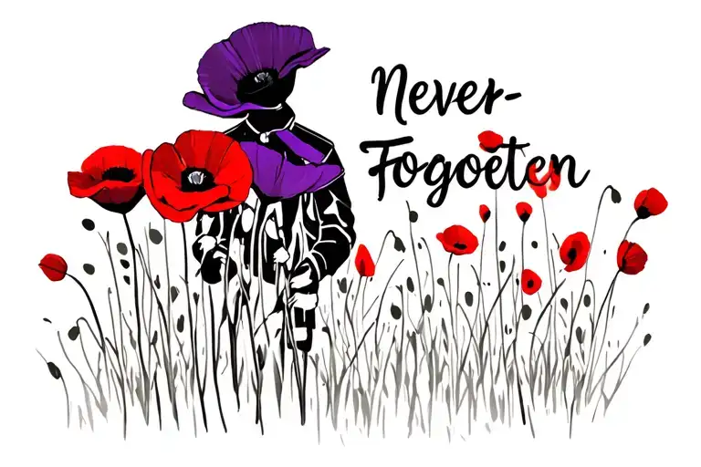 rememberance, soldier in black, with red and purple poppies phrase never forgotten.  tattoo design idea