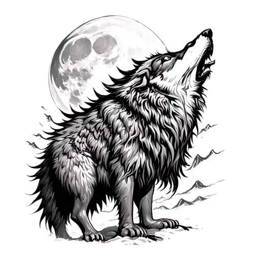viking Warrior ygg drasil tree surrounded wolf howling at the moon tattoo design idea