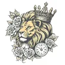 Lion with a crown, a clock under him and roses tattoo design idea