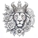 Lion with a crown, a clock under him and roses tattoo design idea
