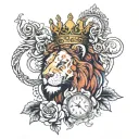 Lion with a crown, a clock under him and roses tattoo design idea