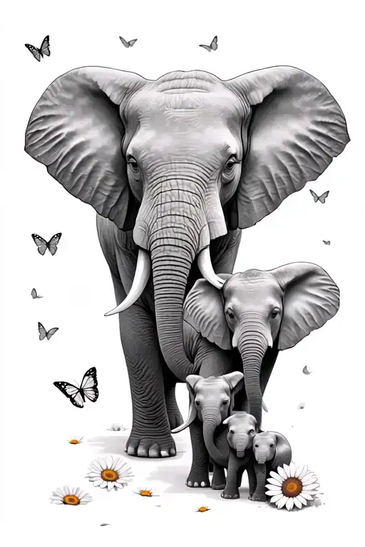 Mom elephant walking forward with Three baby elephants at her side surrounded by daisies, sunflowers, and butterflies  tattoo design idea
