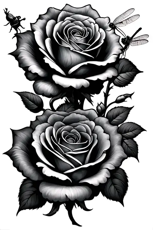 two roses with no stems with a dragonfly perched tattoo design idea