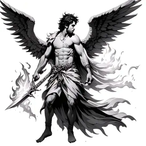 a male arch angel with one wing open and the other extended with a flaming sword tattoo design idea