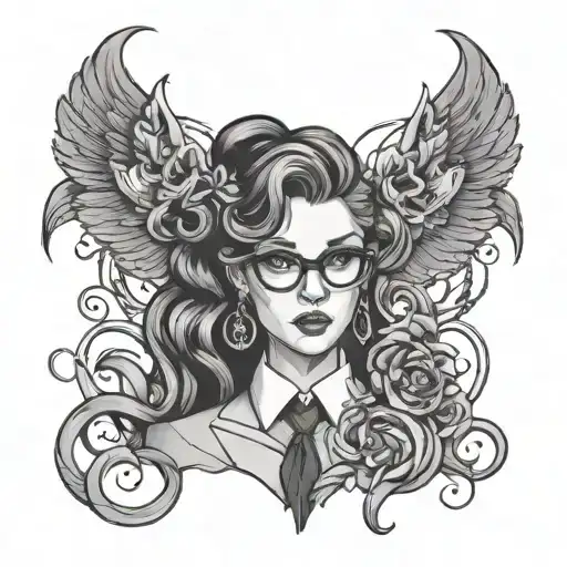 A black and grey tattoo of a secretary character from a fantasy world, with elements of dark romance intertwined tattoo design idea